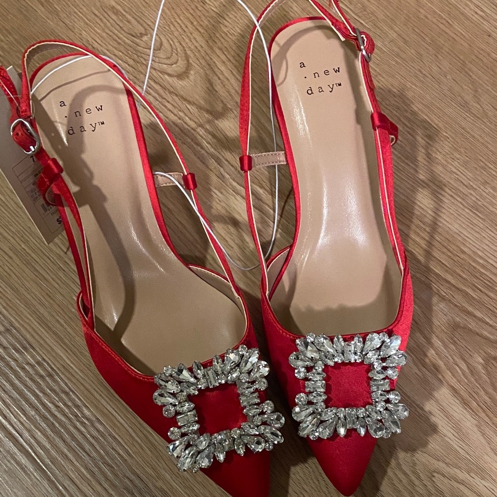 A New Day Red Satin Heels with Crystal Embellishment
